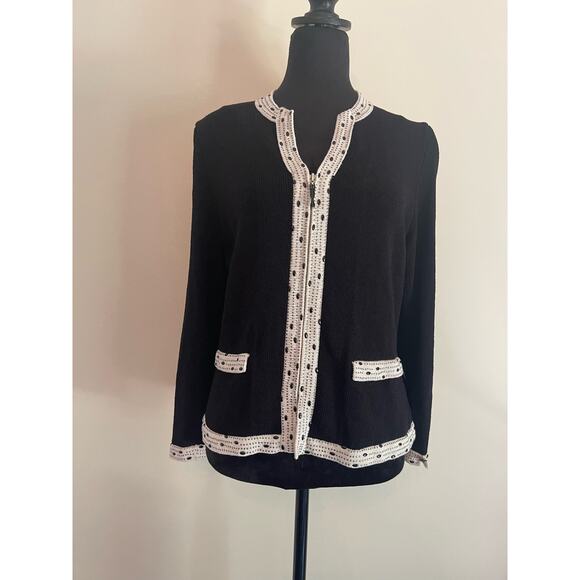 J.S.S knitwear jacket med black cream wool blend full zip elegant detail beads - Picture 1 of 11